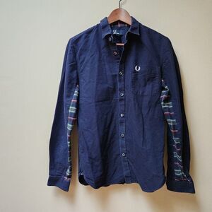 Fred Perry navy plaid trim button up shirt / S